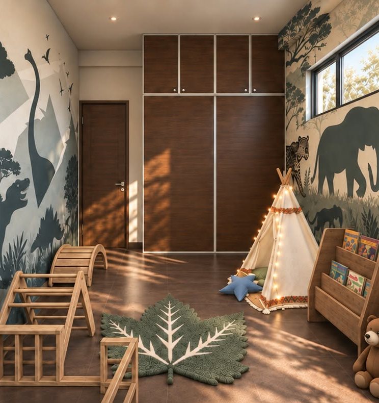 Playroom with a jungle mural, a canvas teepee and a leaf-shaped rug