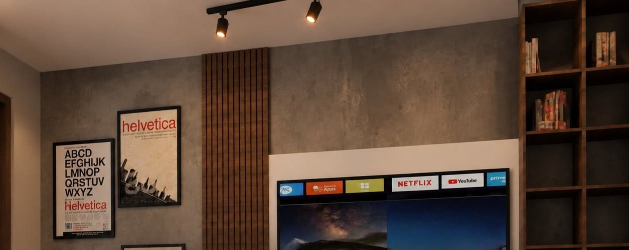 Media wall with framed typography posters and a slatted walnut panel